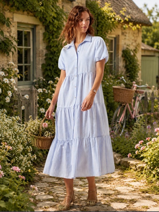 Ariat Dresses & Skirts - Ariat Countryside Blue Seersucker Tiered Midi Dress Cottagecore Size Large